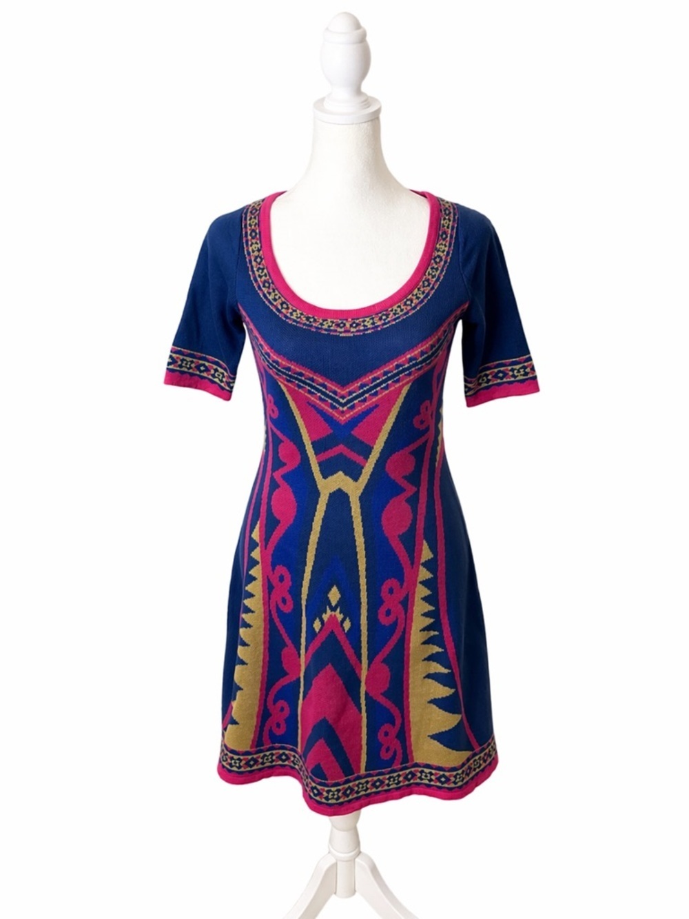 Knit Navy Blue Scoop Neck Knit Dress with Pink & Gold Geometric Pattern